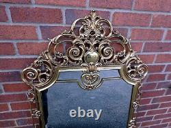 1960s Vintage antique Rococo style large cast brass framed wall pier mirror