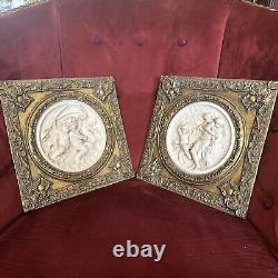 2 Antique Framed bisque putti/cherub Neoclassical wall plaque Gold Gilded Frame