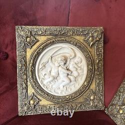 2 Antique Framed bisque putti/cherub Neoclassical wall plaque Gold Gilded Frame