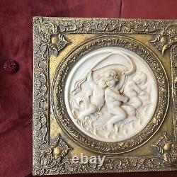 2 Antique Framed bisque putti/cherub Neoclassical wall plaque Gold Gilded Frame