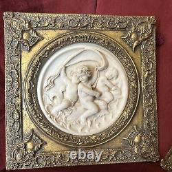 2 Antique Framed bisque putti/cherub Neoclassical wall plaque Gold Gilded Frame