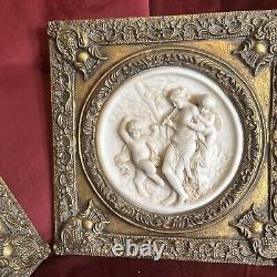 2 Antique Framed bisque putti/cherub Neoclassical wall plaque Gold Gilded Frame