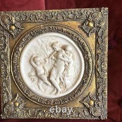 2 Antique Framed bisque putti/cherub Neoclassical wall plaque Gold Gilded Frame