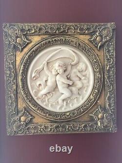 2 Antique Framed bisque putti/cherub Neoclassical wall plaque Gold Gilded Frame