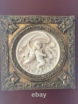 2 Antique Framed bisque putti/cherub Neoclassical wall plaque Gold Gilded Frame