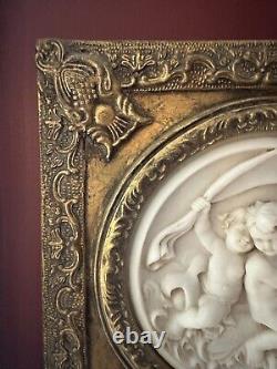 2 Antique Framed bisque putti/cherub Neoclassical wall plaque Gold Gilded Frame