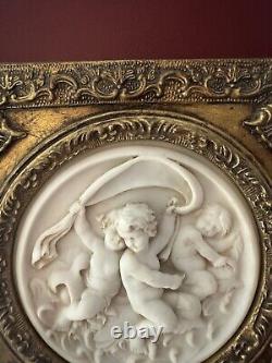 2 Antique Framed bisque putti/cherub Neoclassical wall plaque Gold Gilded Frame