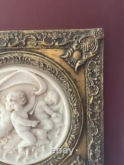 2 Antique Framed bisque putti/cherub Neoclassical wall plaque Gold Gilded Frame