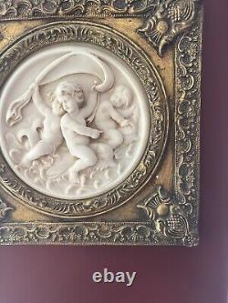 2 Antique Framed bisque putti/cherub Neoclassical wall plaque Gold Gilded Frame