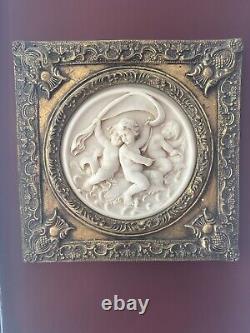 2 Antique Framed bisque putti/cherub Neoclassical wall plaque Gold Gilded Frame