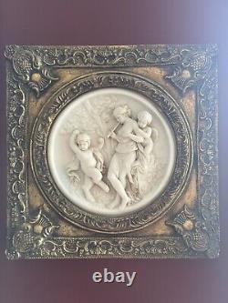 2 Antique Framed bisque putti/cherub Neoclassical wall plaque Gold Gilded Frame