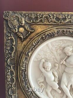 2 Antique Framed bisque putti/cherub Neoclassical wall plaque Gold Gilded Frame