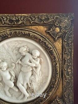 2 Antique Framed bisque putti/cherub Neoclassical wall plaque Gold Gilded Frame