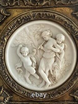 2 Antique Framed bisque putti/cherub Neoclassical wall plaque Gold Gilded Frame