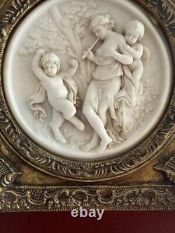 2 Antique Framed bisque putti/cherub Neoclassical wall plaque Gold Gilded Frame