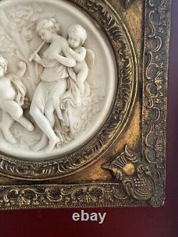 2 Antique Framed bisque putti/cherub Neoclassical wall plaque Gold Gilded Frame