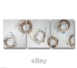 3 ABSTRACT CANVAS PAINTING brown white gold. Modern wall art Australia