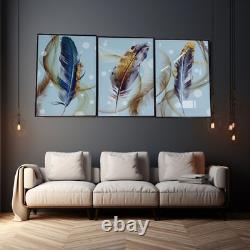 3-Panel Golden Feathers Wall Art with Aluminum Frame Luxury Home Decor