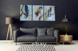 3-Panel Golden Feathers Wall Art with Aluminum Frame Luxury Home Decor