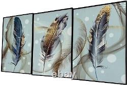 3-Panel Golden Feathers Wall Art with Aluminum Frame Luxury Home Decor