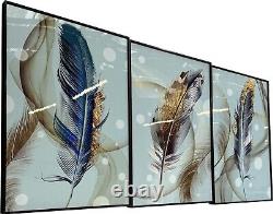 3-Panel Golden Feathers Wall Art with Aluminum Frame Luxury Home Decor