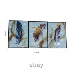 3-Panel Golden Feathers Wall Art with Aluminum Frame Luxury Home Decor