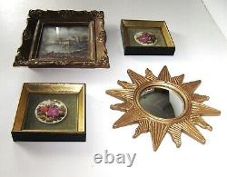 4 VTG Florentine style gilded wall hangings framed print ceramic sunburst mirror