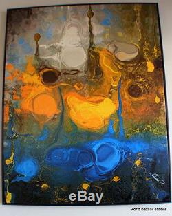 55x66 large abstract wall art psycchedelic deep blue and gold framed in bronze