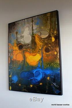 55x66 large abstract wall art psycchedelic deep blue and gold framed in bronze