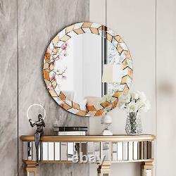 60cm Modern Round Glass Wall Mirror Olive Leaves Beveled Accent Mirror Bedroom