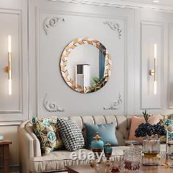 60cm Modern Round Glass Wall Mirror Olive Leaves Beveled Accent Mirror Bedroom