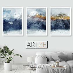 Abstract 3 Navy Yellow Gold Watercolour Mountains Framed Wall Art Print Picture