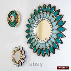 Accent Round Mirror set of 3, Turquoise & White Ornate Wall Mirror set Lachay