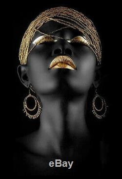 African Black Woman Model Gold Makeup Canvas Set Print Portrait Modern Wall Art