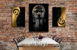 African Black Woman Model Gold Makeup Canvas Set Print Portrait Modern Wall Art