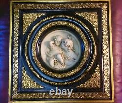Antique 19th Century Italy Marble Angels Plaque Gilded Frame Wall Hanging WithSeal
