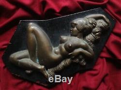 Antique Bronze Nude Lady Plaque Girl Statue Figurine Sculpture Art Deco Wood Old