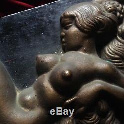 Antique Bronze Nude Lady Plaque Girl Statue Figurine Sculpture Art Deco Wood Old