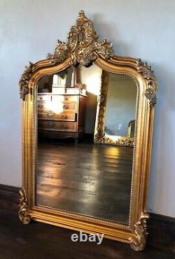 Antique Gold French Ornate Statement Over Mantle Scroll Table Top Arch Mirror