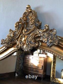 Antique Gold French Ornate Statement Over Mantle Scroll Table Top Arch Mirror