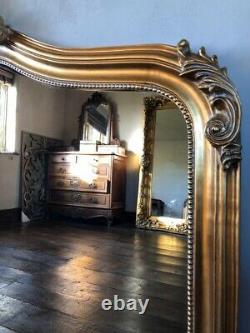 Antique Gold French Statement Over Mantle Scroll Ornate Arched Wall Mirror 4ft