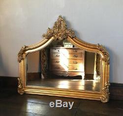 Antique Gold Ornate French Statement Period Over mantle Scroll Arch Wall Mirror