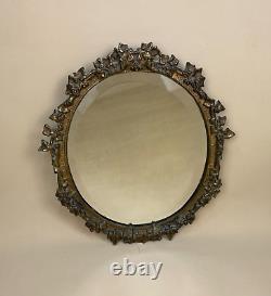 Antique Heavy Brass Gold Metal Wall Mirror Oval Ornate Frame Bevelled Vintage