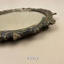 Antique Heavy Brass Gold Metal Wall Mirror Oval Ornate Frame Bevelled Vintage