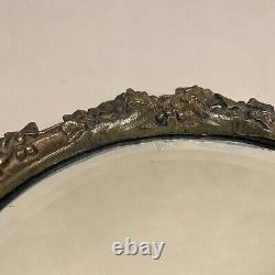 Antique Heavy Brass Gold Metal Wall Mirror Oval Ornate Frame Bevelled Vintage