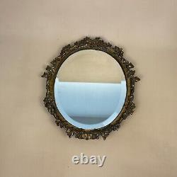 Antique Heavy Brass Gold Metal Wall Mirror Oval Ornate Frame Bevelled Vintage