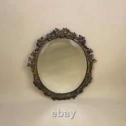 Antique Heavy Brass Gold Metal Wall Mirror Oval Ornate Frame Bevelled Vintage