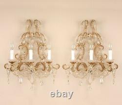 Antique Italian Crystal Macaroni Beaded Chandelier Wall Sconces Gold Frame