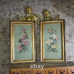 Antique Roses Floral oil on Canvas Paintings Gilt Gold Frames Wall Art Pair