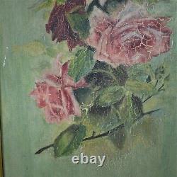 Antique Roses Floral oil on Canvas Paintings Gilt Gold Frames Wall Art Pair